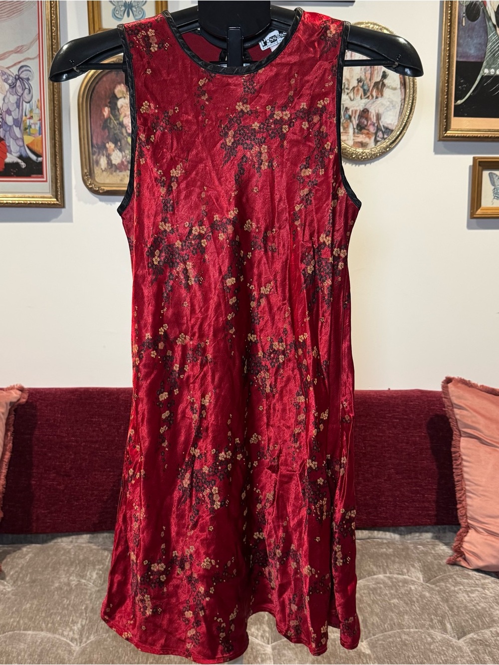 Vintage Red Floral Satin Sleeveless Shift Dress
